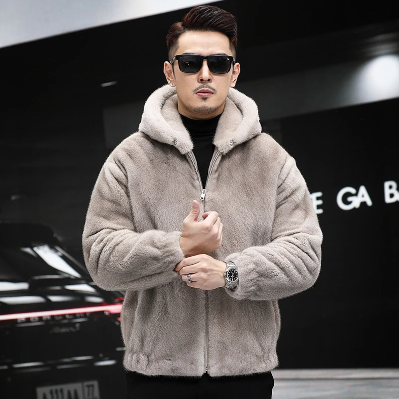 品质进口银兰本色貂皮大衣男整貂连帽拉链款时尚休闲水貂外套潮款