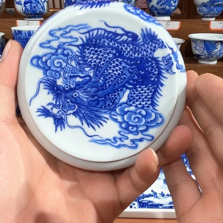 茶***友青花手工手绘龙纹盖置