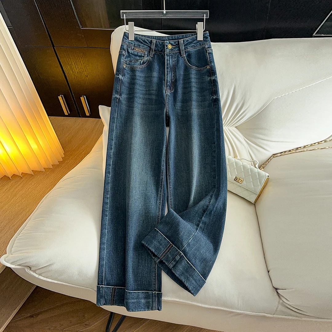 拉夏贝尔阔腿牛仔裤女2025新款秋季宽松显瘦小个子直筒裤九分裤子