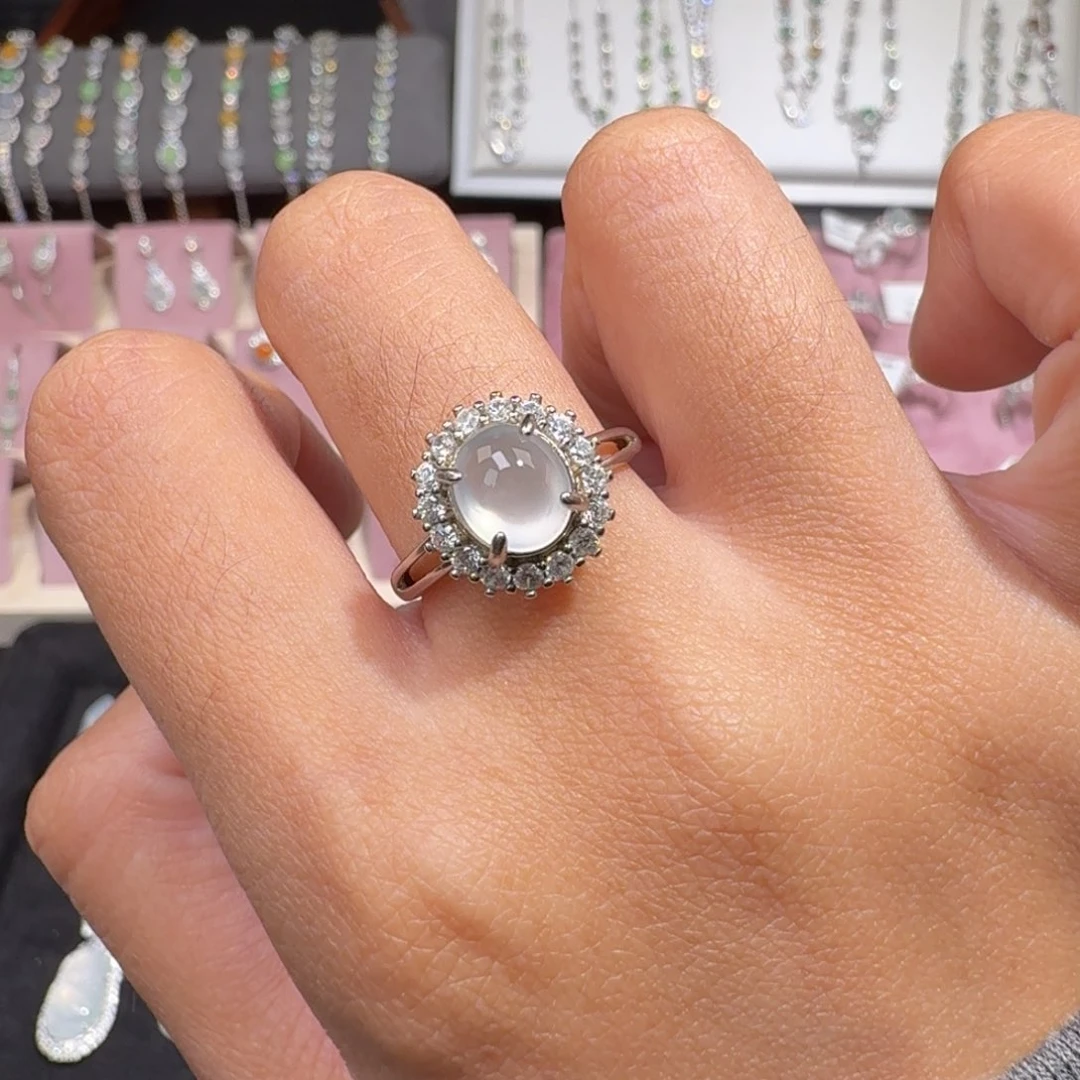 翡翠银S925镶嵌戒指纯天然缅甸翡翠A货戒指