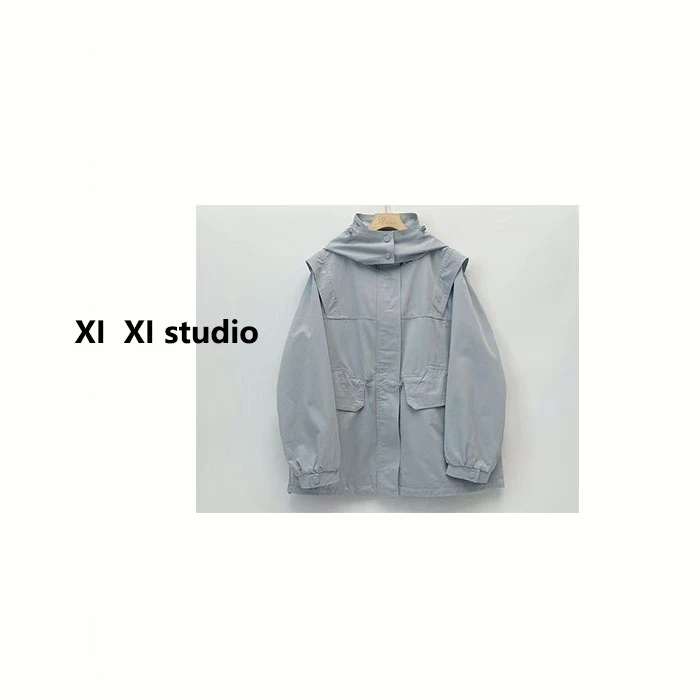 【汐汐女装】韩系小个子纯色休闲连帽风衣 L6018