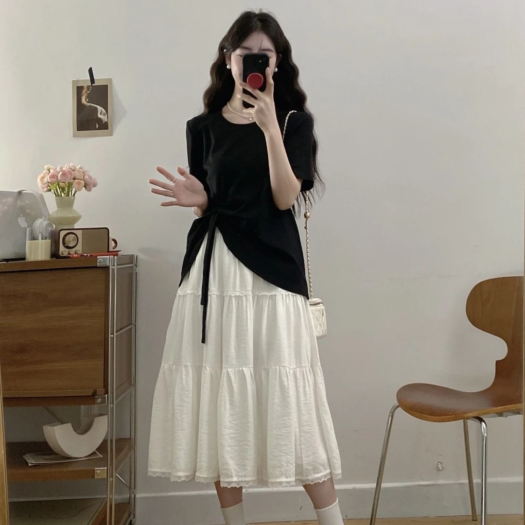 圆领短袖不规则恤蛋糕裙两件套大码胖休闲洋气显瘦套装女夏季