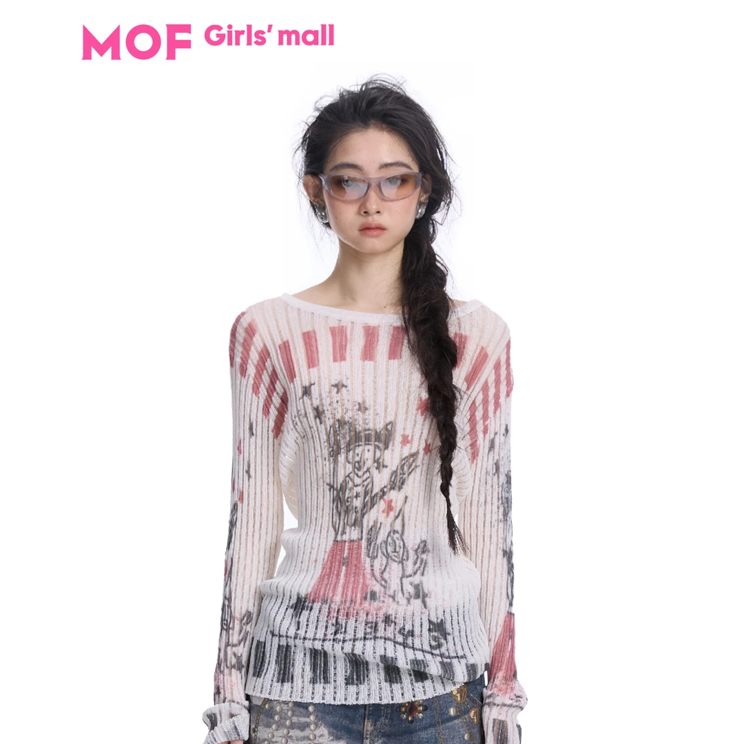 MOF少女百货 小丑OKman印花针织套头衫坑条针织衫 坑条通勤针织衫