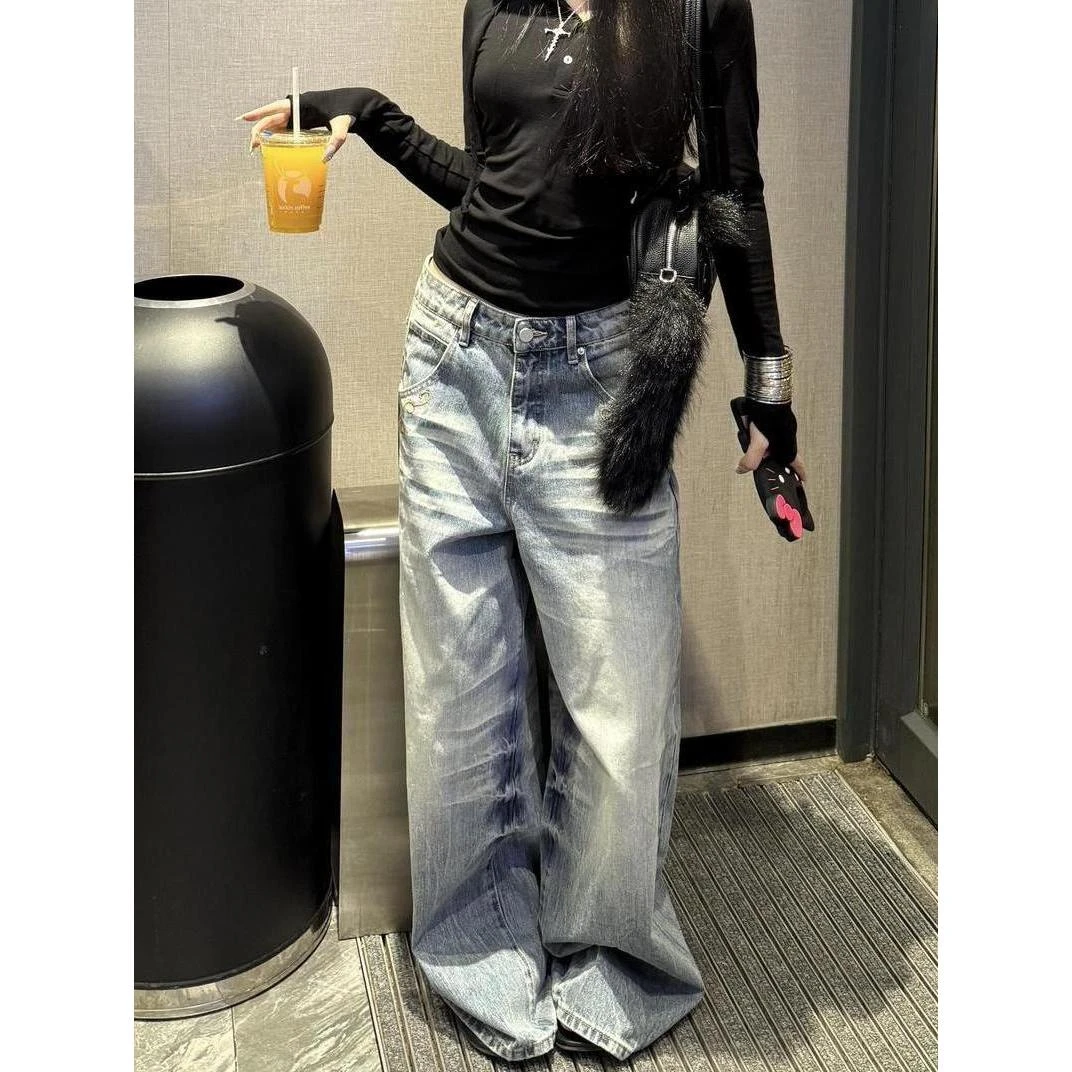 美式vibe大码水洗做旧刺绣弯刀牛仔裤女街头宽松显瘦阔腿坠感长裤