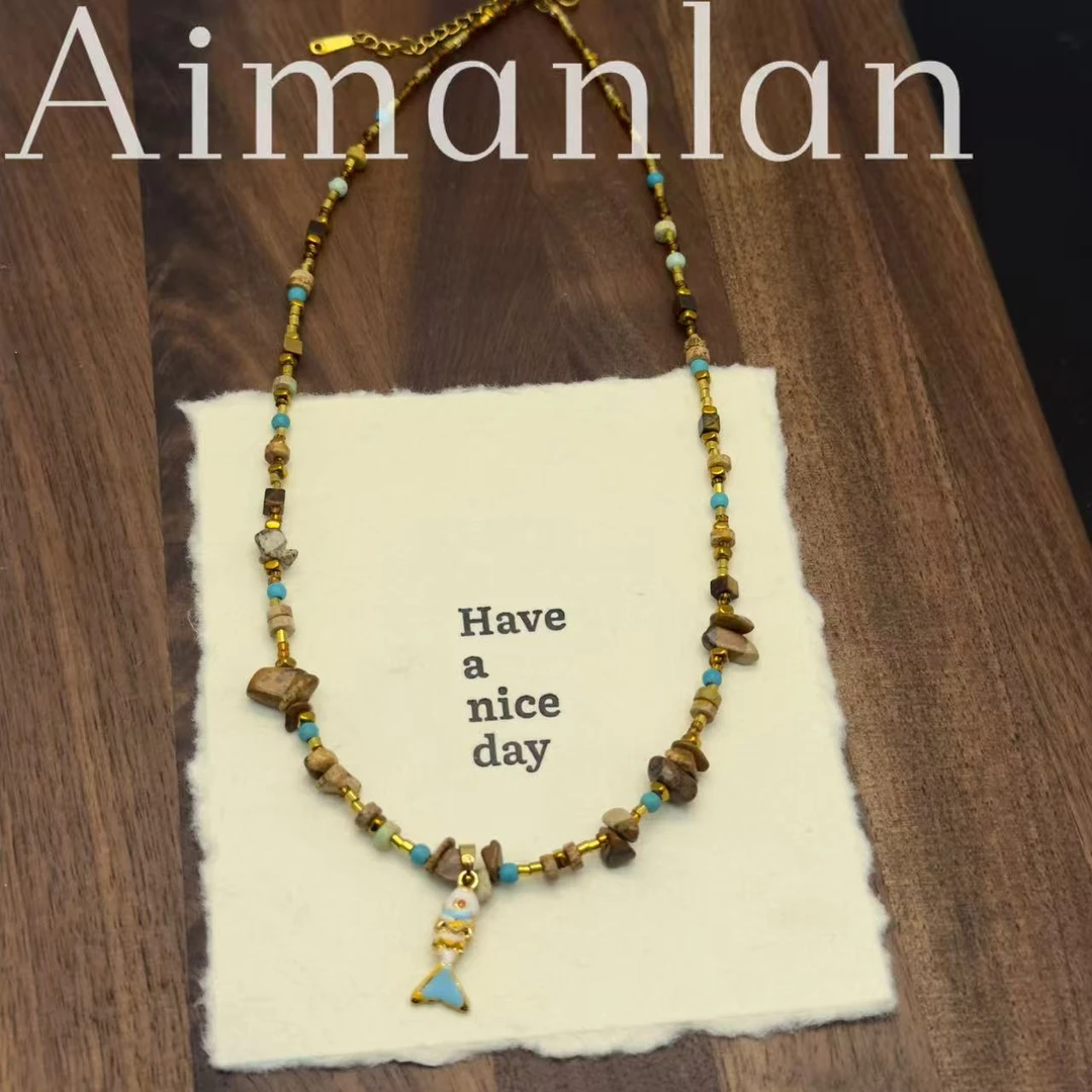 艾蔓岚美拉德虎眼石串珠彩虹小鱼吊坠女项链小众个性锁骨链A6075