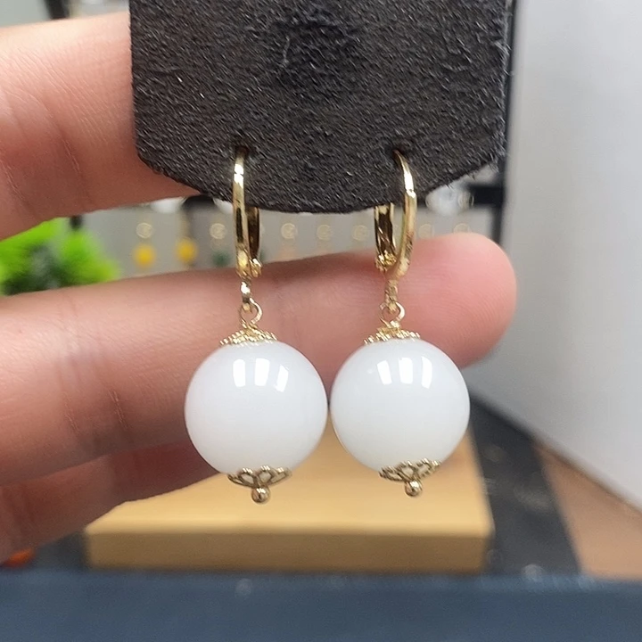 和田玉银S925镀金镶嵌耳饰尺寸14mm