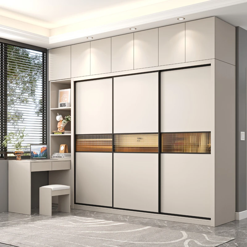 推拉门衣柜现代简约滑门柜子带书桌经济家用卧室移门衣橱