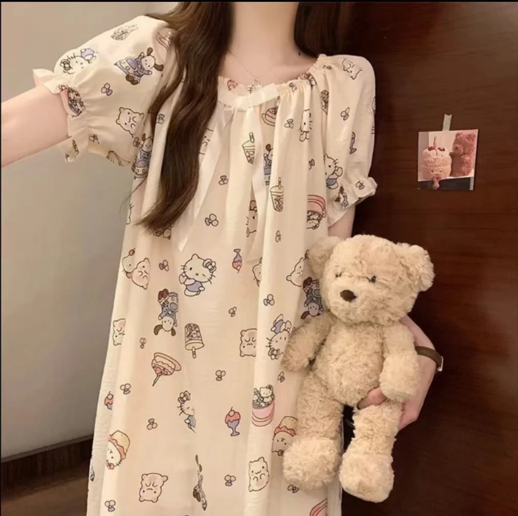 工厂店清仓-新品睡裙女春夏睡衣短袖宽松薄款带胸垫家居服套装