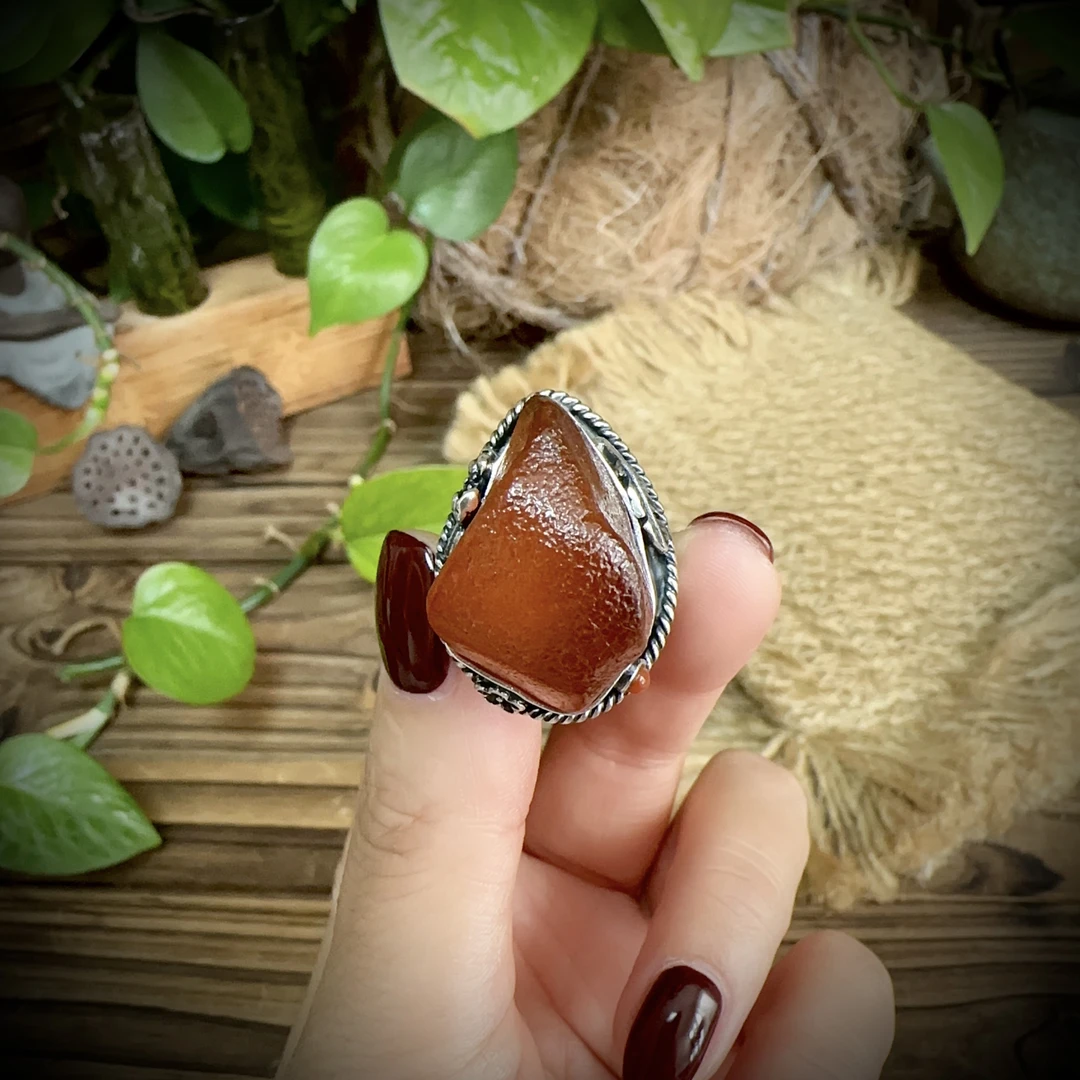 【古香古色】复古s925银蜜蜡琥珀戒指（圈口可调节）