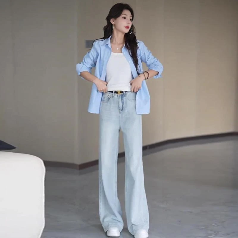 韩系简约气质蓝色衬衫女春季新款女装高腰显瘦休闲宽松牛仔裤套装