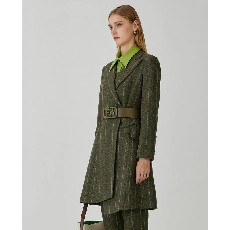 莱芙·艾迪儿绿色女士设计师翻领秋冬双排扣秋季毛呢外套1W4D14050