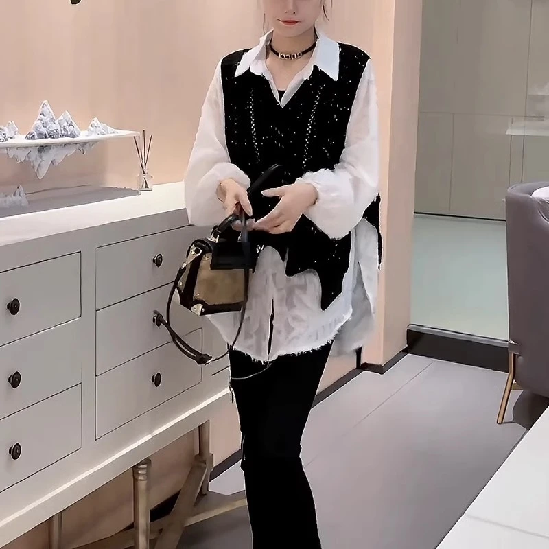 时尚高级感套装女别致感镂空不规则马甲简约风纯色长袖衬衫两件套