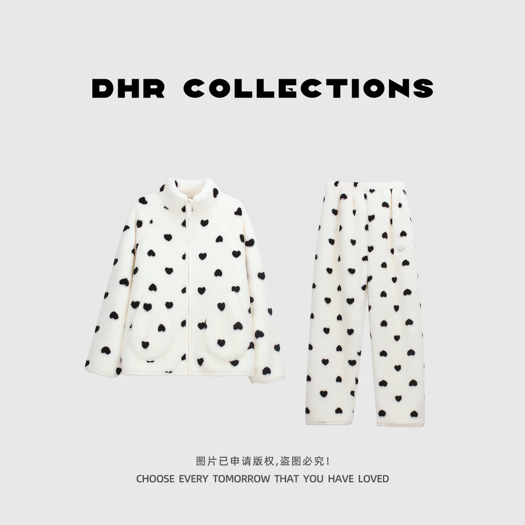 豆豆10【两件套睡衣】小爱心毛绒绒慵懒家居服套装保暖-29925DW