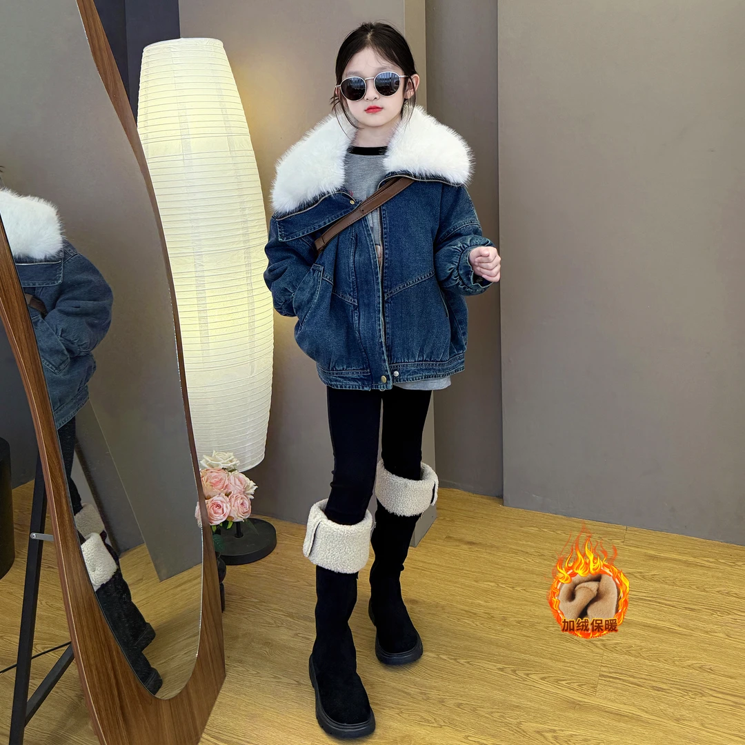 女童2025新款儿童秋冬季韩系可拆卸毛毛大翻领加绒外套铅笔裤套装