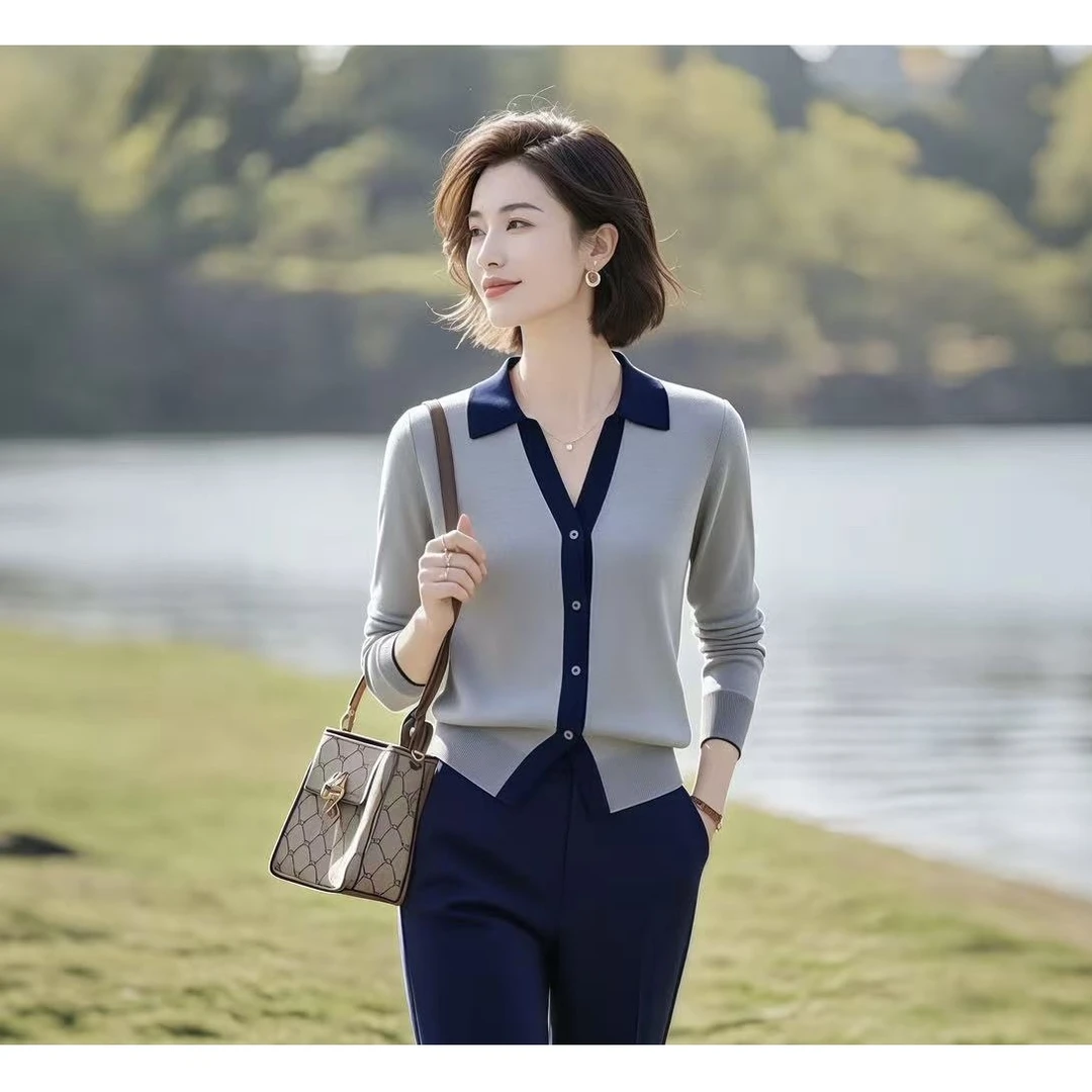假两件毛衣针织衫女春秋小香风撞色拼接上衣洋气宽松外搭开衫外套