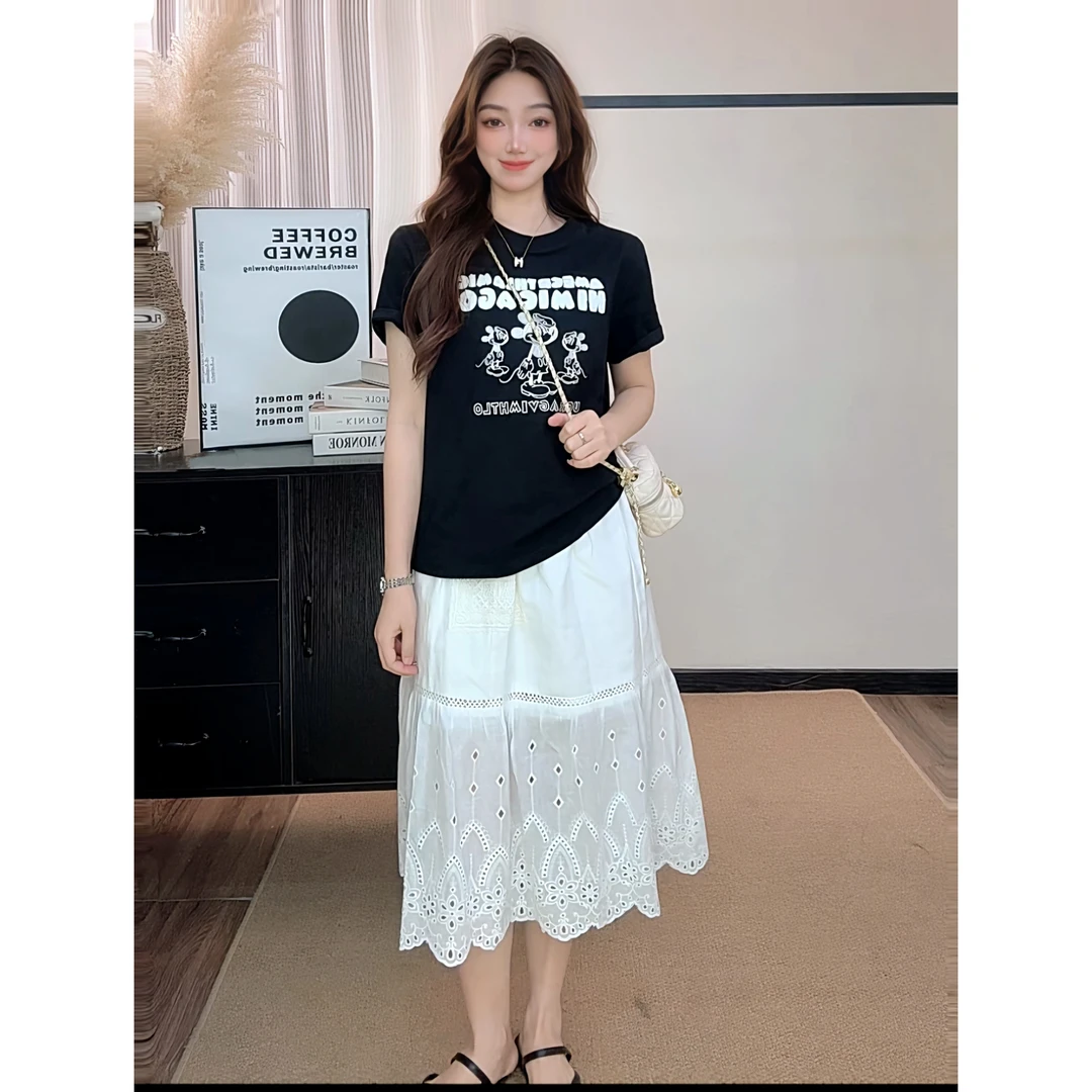 LEX-【三只米奇】重工毛巾绣刺绣显瘦圆领正肩百搭短袖女