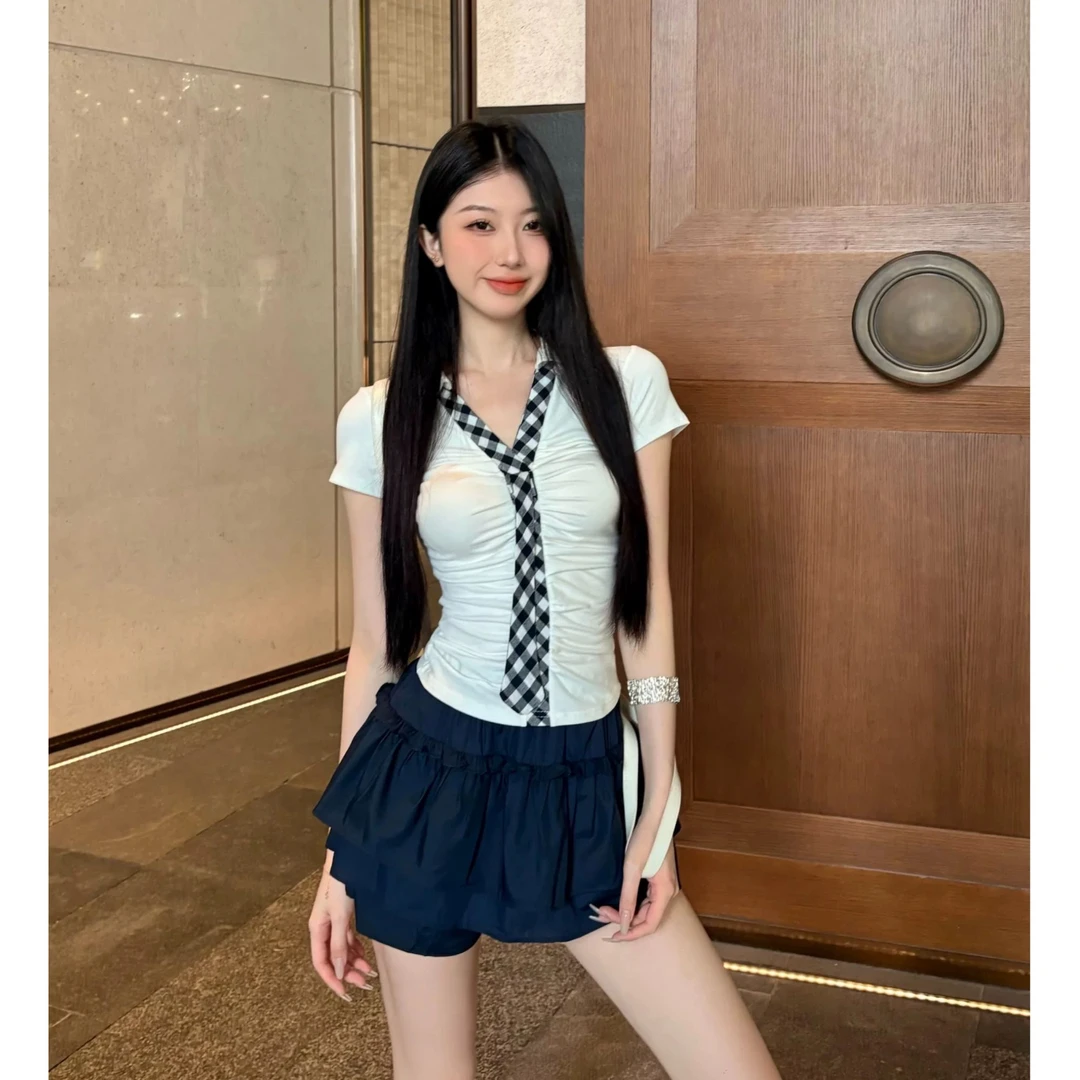 格子拼接领带v领T恤+半身裙 套装女装夏季纯欲风白色气质修身