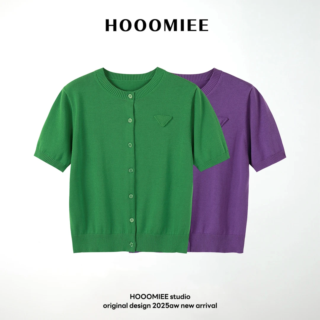 Hooomiee暖色三角标单排扣针织薄款女士短袖开衫J25037