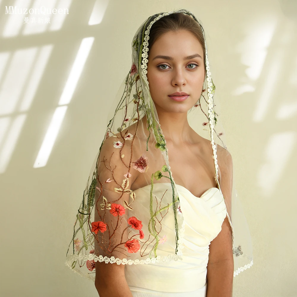 森系网红彩色花朵刺绣新娘头纱婚礼女士头巾户外野餐拍照道具M154