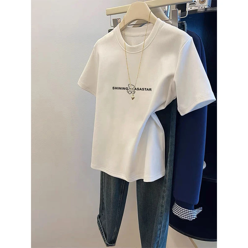 2025新款正肩磨毛短袖t恤女内搭上衣时尚减龄打底衫设计感春夏季