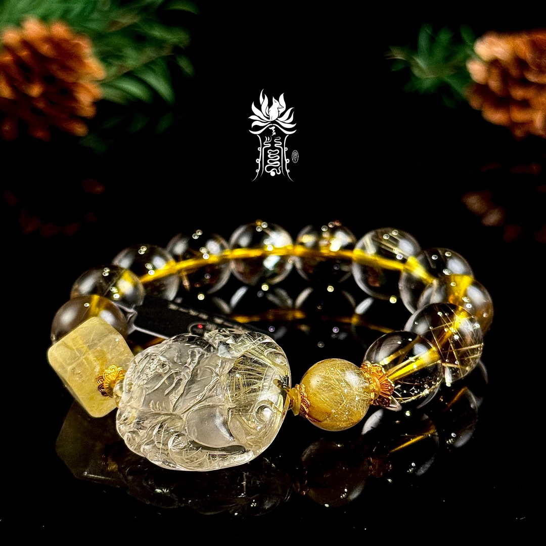 E2651C「九尾·狐」精雕 金发晶 板钛九尾狐 金发晶手串