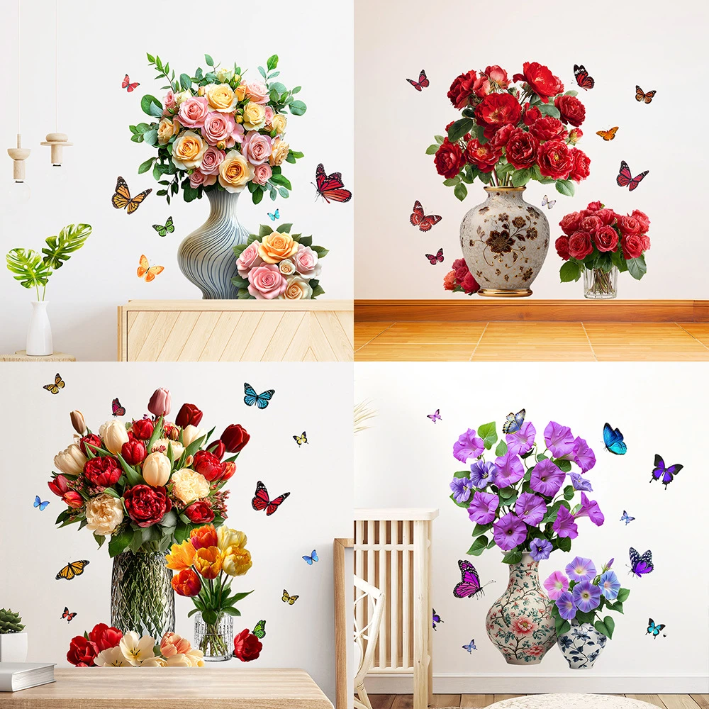 厂家新款牡丹花花瓶蝴蝶自粘防水墙贴画可移除客厅卧室走廊装饰画