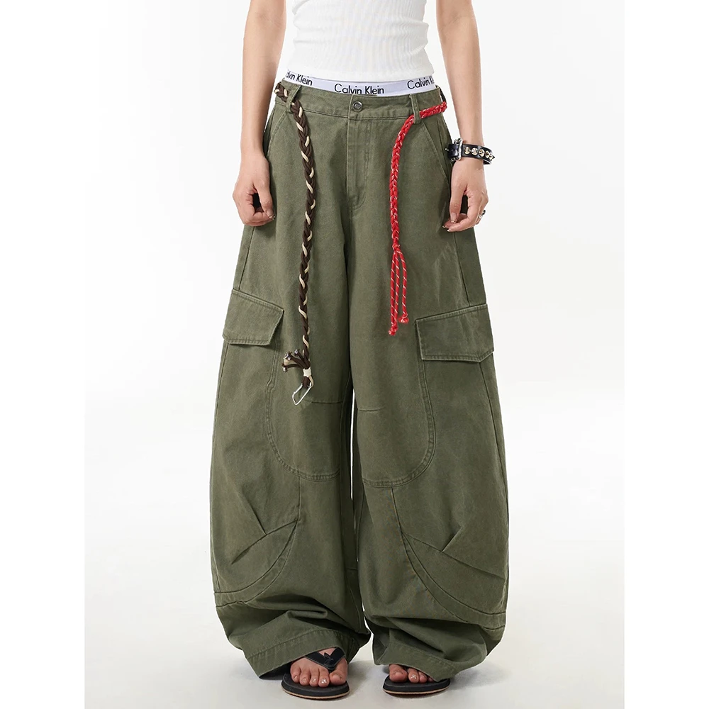 美式复古绿色工装裤女夏季新款嘻哈潮牌宽松百搭休闲阔腿弯刀裤子