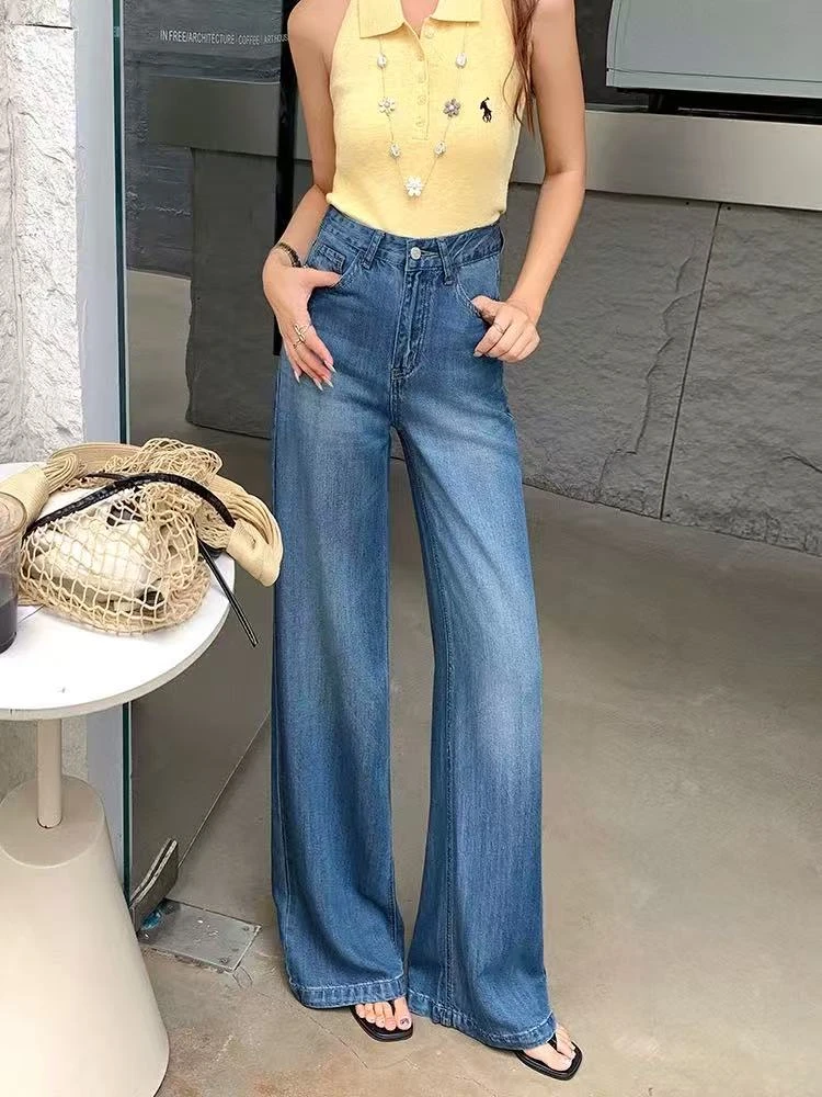 【菠】软牛仔筒喇裤女夏薄款2025年新款莱赛尔冰丝垂坠感直筒阔腿裤