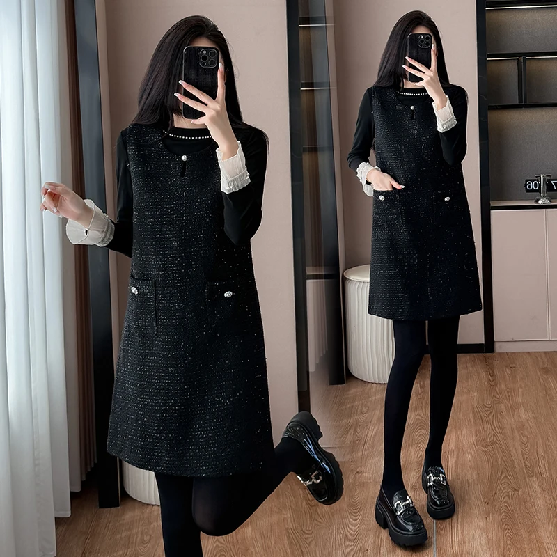 法式优雅气质小香风背心连衣裙套装女2025秋冬新款花边内搭两件套