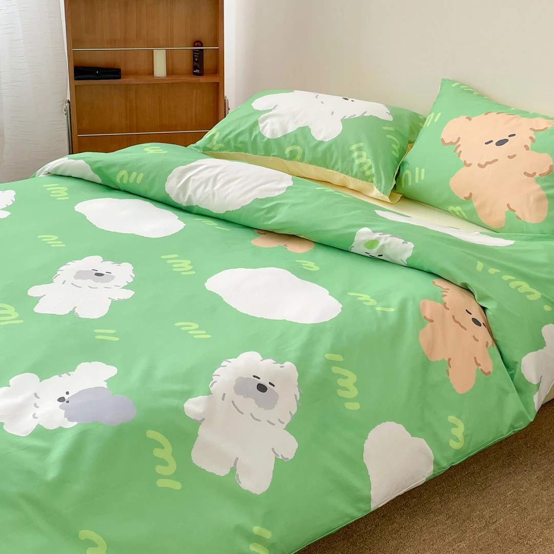 躺草坪 原创松弛小狗全棉四件套单人三件套床单被套可爱卡通