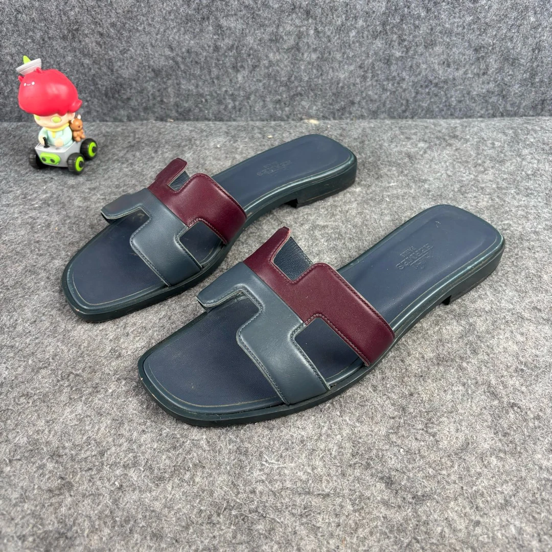 99新 Hermes/爱马仕 棕蓝双拼大H拖鞋 36码 YLP2104