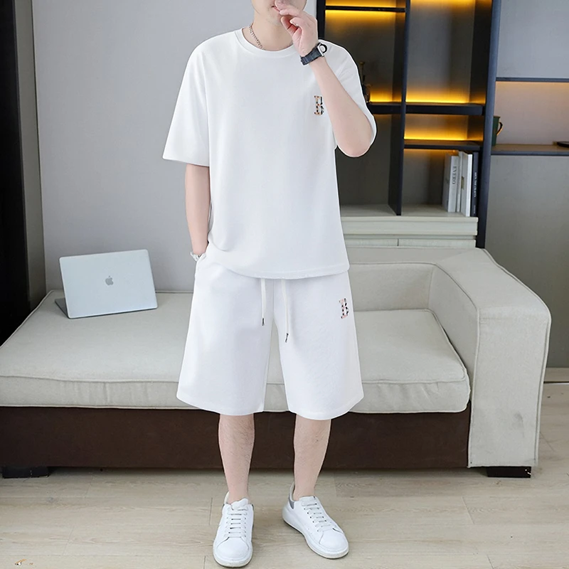青少年宽松大码时尚两件套男士夏季薄款速干透气休闲运动短袖套装
