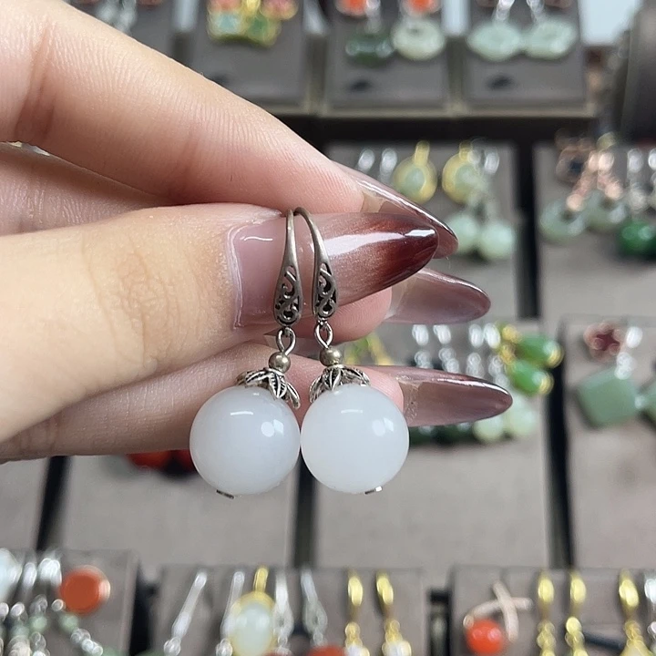 石英质玉（金丝玉）银S925镶嵌耳饰12左右