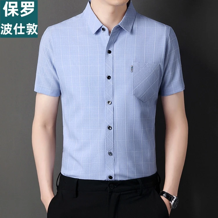品牌夏季棉麻短袖衬衫格子新款真口袋中年衬衣爸爸装清凉开衫男