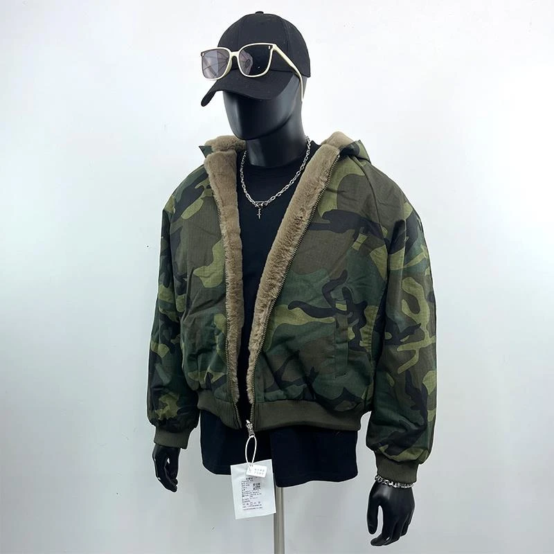 男装冬季座山雕加绒加厚外套男帆布水洗迷彩两面穿棉服夹克潮