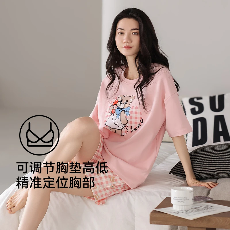 带胸垫睡衣女夏季纯棉短袖薄款2025新款夏天可外穿家居服可调节
