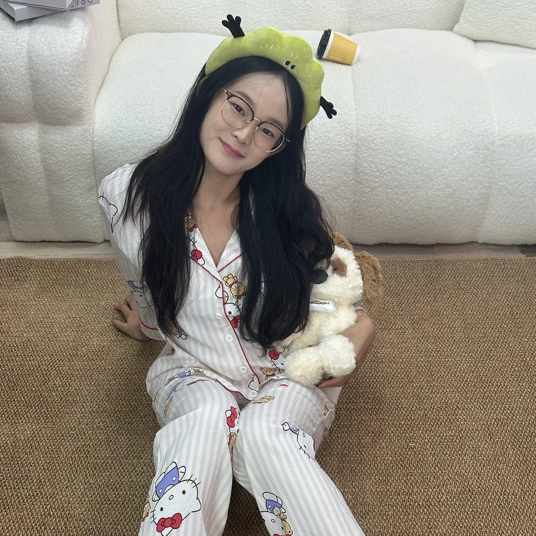 少女可爱凯蒂猫条纹睡衣女夏新款大码长袖长裤家居服套装A