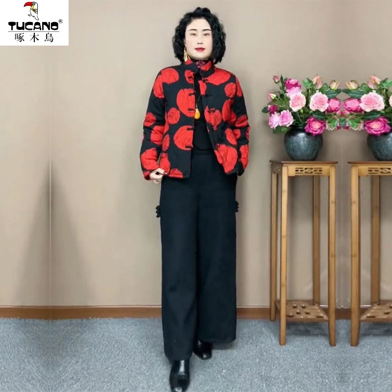 啄木鸟冬季爆款棉服套装复古唐装盘口立领夹棉外套保暖加绒阔腿裤