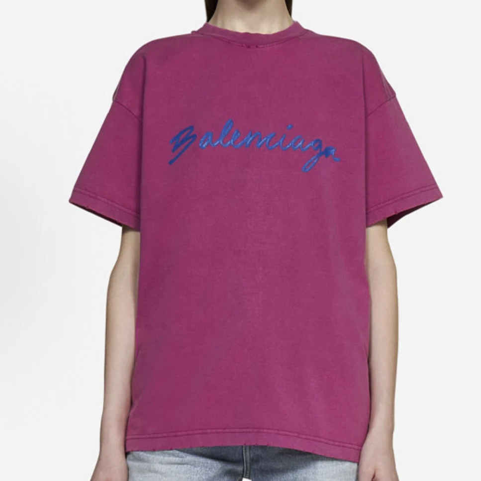 未使用 Balenciaga/巴黎世家 粉紫色草写短袖 XS码 ys001833