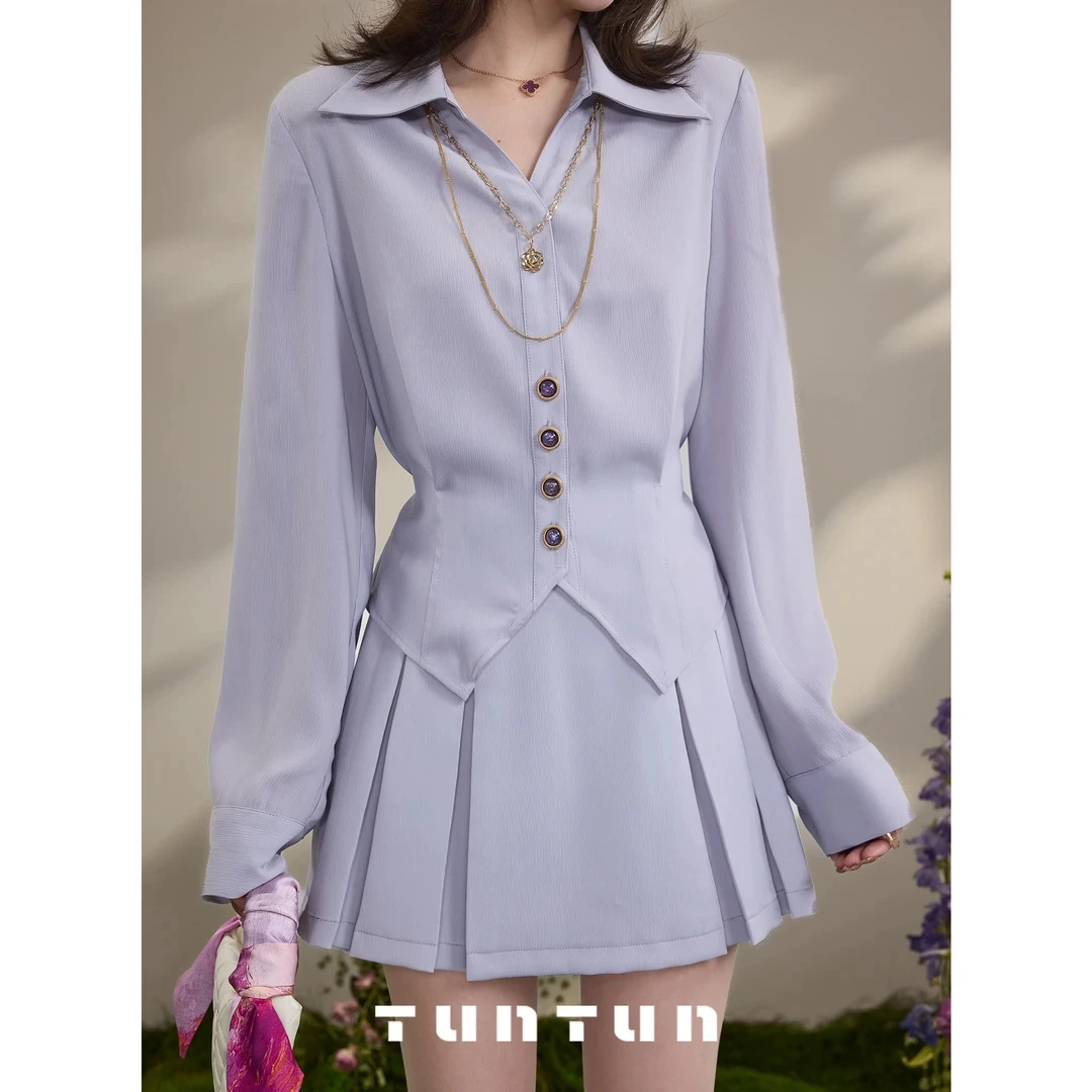 吞吞春秋季【遗落凡间 紫色】精致灵动 压褶后腰松紧温柔显瘦短裙女