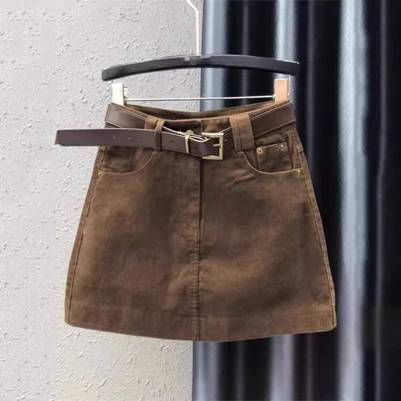 秋冬季咖色灯芯绒半身裙女辣妹高腰显瘦小个子a字裙包臀短裙子ins