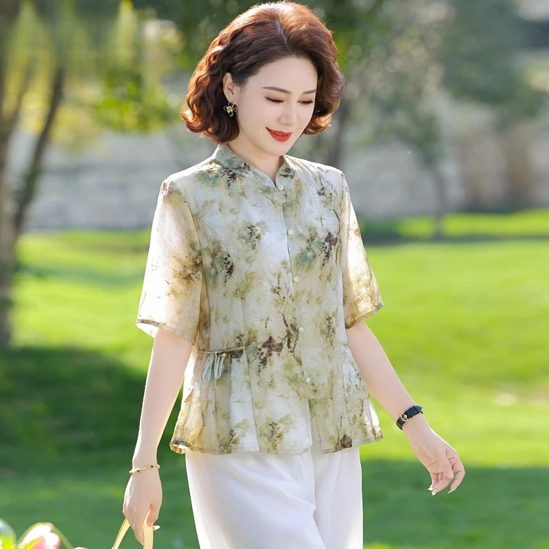 中年妈妈短袖雪纺衫女套装两件套中老年新中式国风小衫遮肚子上衣