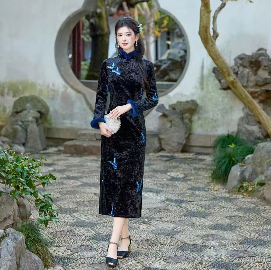 【兰蝶】冬季年轻款加绒加厚蓝色复古新中式旗袍修身显瘦日常连衣裙