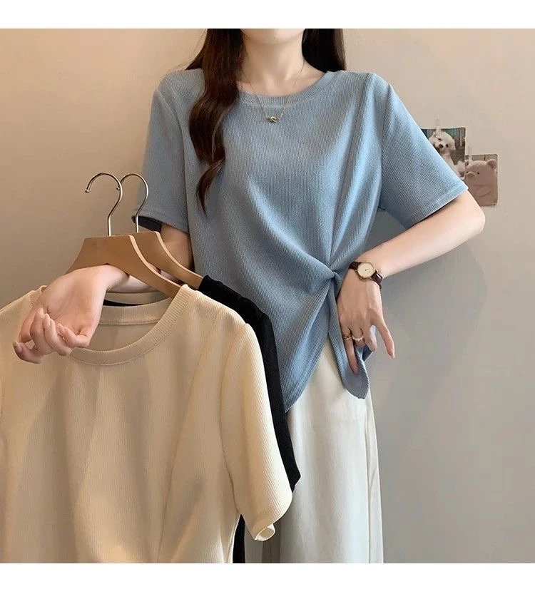 大码彩蓝正肩t恤短袖女2025新款夏季胖mm不规则遮肚显瘦微胖上衣