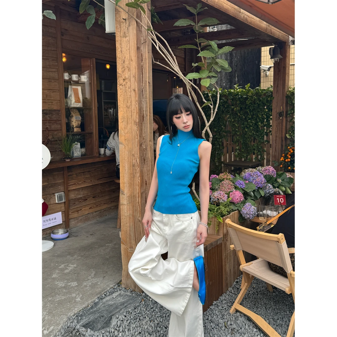 混纺针织吊带背心女春半立领辣妹美式性感显瘦上衣