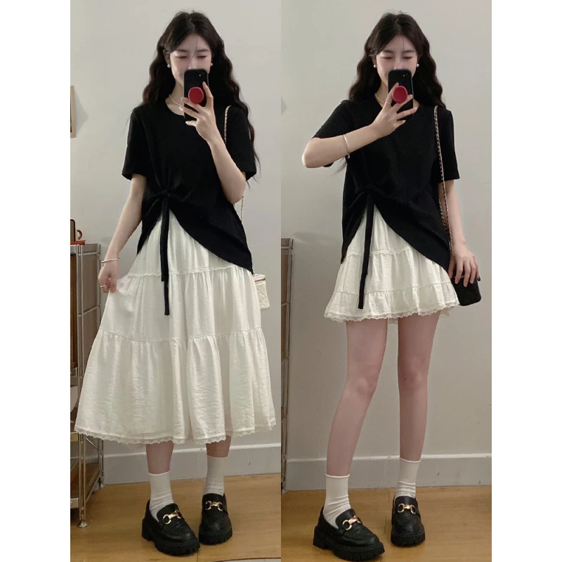 大码夏季微胖显瘦蝴蝶结短袖T恤短裙5810#长裙5809#两件套