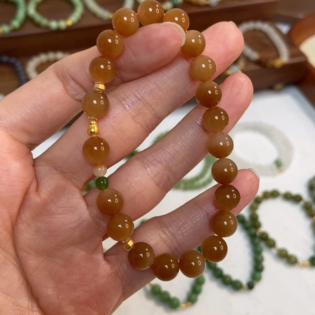 和田玉18K金镶嵌手链8mm糖白精品