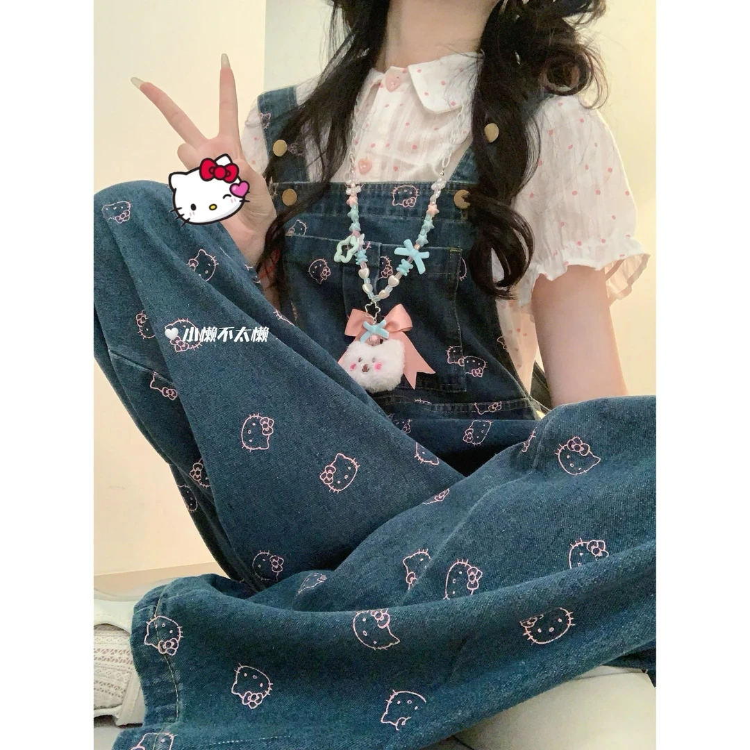 设计感印花减龄牛仔背带裤女夏季新品宽松显瘦百搭阔腿拖地长裤子