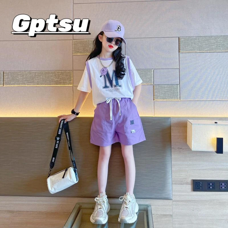 GPTSu女童运动套装夏季2025新款洋气时髦大童女孩短袖短裤两件套