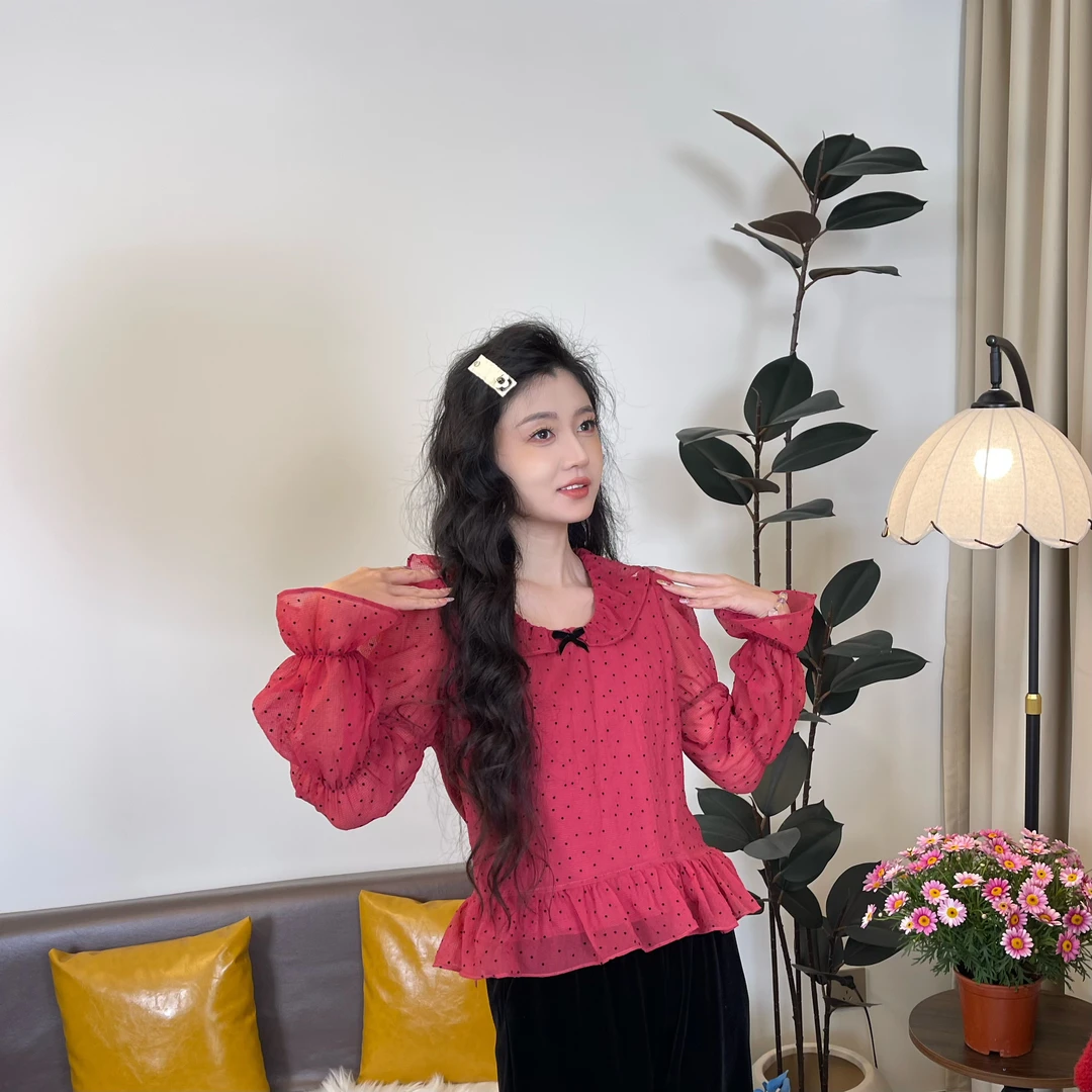 MUMU家【树莓耶耶】设计款甜美波点衬衣花边领上衣年款早春新款